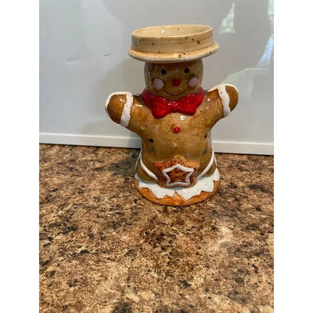 Gingerbread Man Candle Holder Ceramic Holiday Christmas Decor Cute Festive